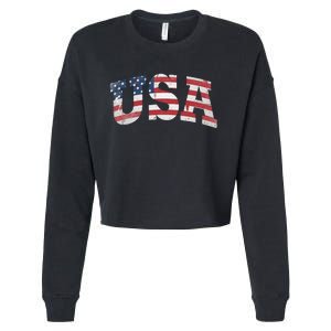 USA Wo Patriotic American Flag Distressed Cropped Pullover Crew