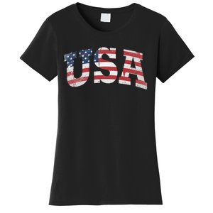 USA Wo Patriotic American Flag Distressed Women's T-Shirt