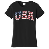 USA Wo Patriotic American Flag Distressed Women's T-Shirt