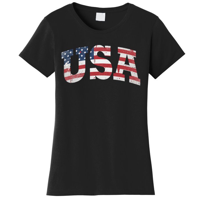 USA Wo Patriotic American Flag Distressed Women's T-Shirt