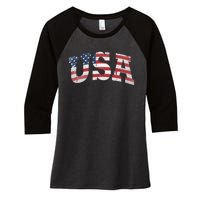 USA Wo Patriotic American Flag Distressed Women's Tri-Blend 3/4-Sleeve Raglan Shirt