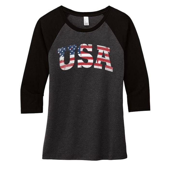 USA Wo Patriotic American Flag Distressed Women's Tri-Blend 3/4-Sleeve Raglan Shirt