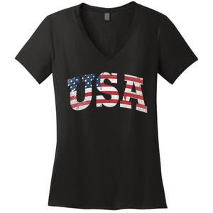 USA Wo Patriotic American Flag Distressed Women's V-Neck T-Shirt