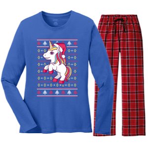 Unicorn With Santa Hat For Funny Xmas Unicorn Apparel Gift Women's Long Sleeve Flannel Pajama Set 