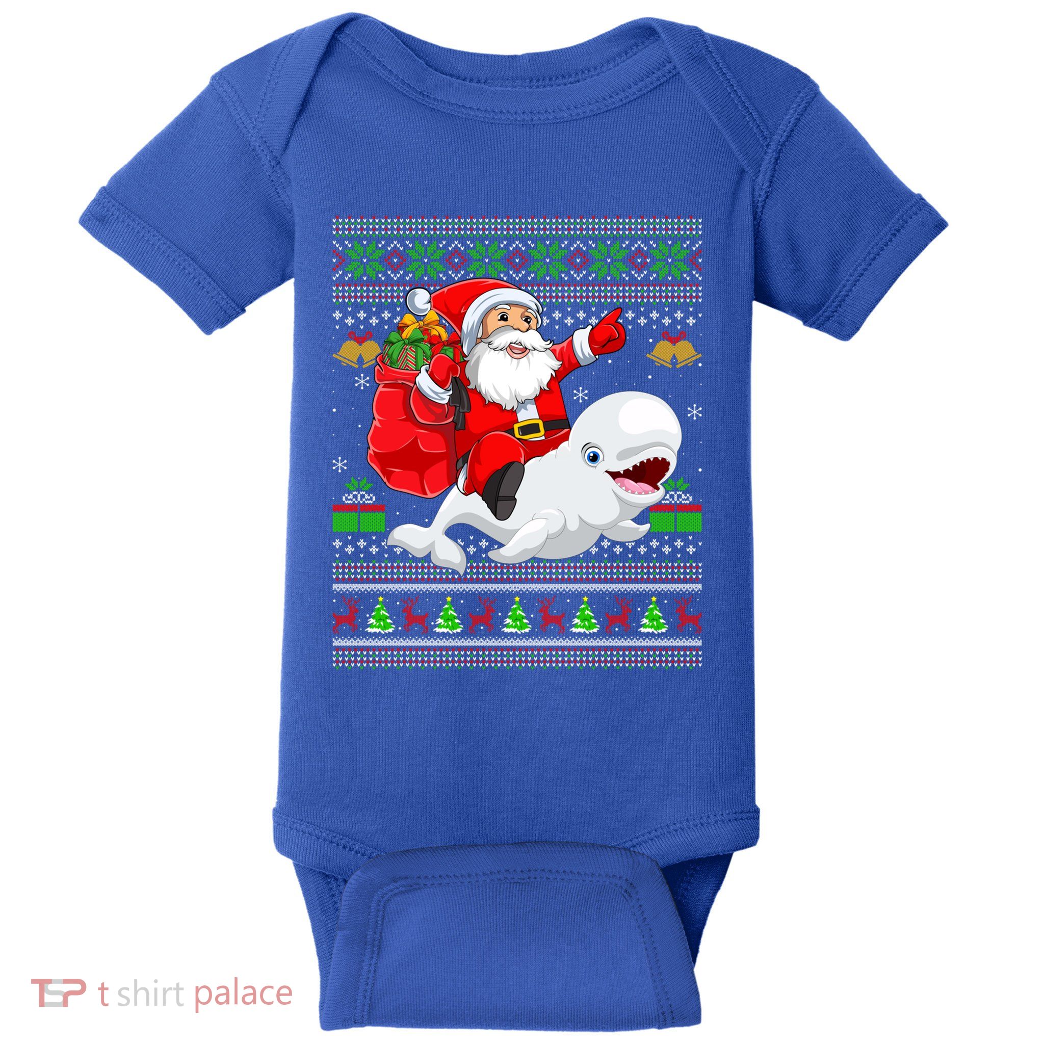 Ugly Xmas Funny Santa Claus Riding Beluga Whale Christmas Gift Baby Bodysuit