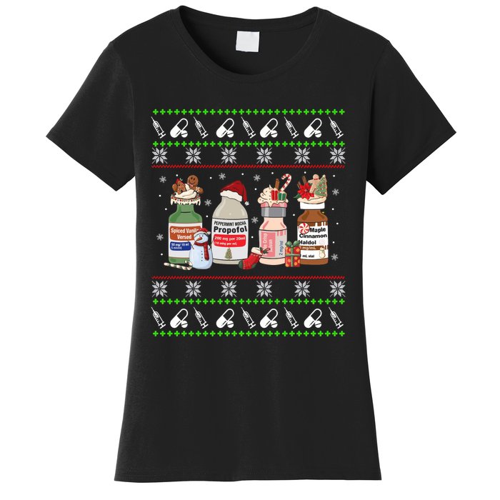 Ugly Xmas Funny Propofol Christmas Nurse Crna Pacu Er Ed Icu Women's T-Shirt