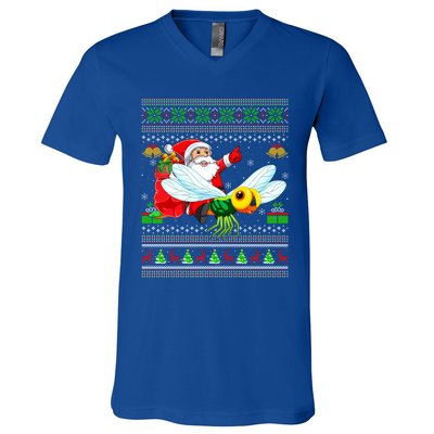 Ugly Xmas Funny Santa Riding Dragonfly Christmas Gift V-Neck T-Shirt