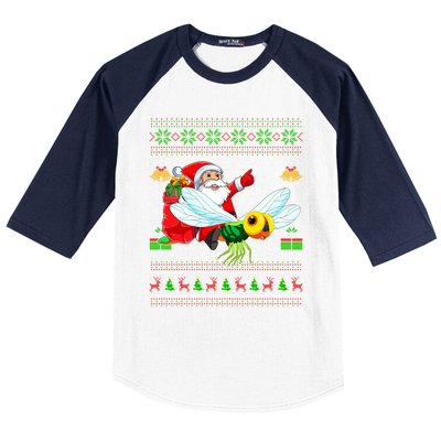 Ugly Xmas Funny Santa Riding Dragonfly Christmas Gift Baseball Sleeve Shirt