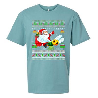 Ugly Xmas Funny Santa Riding Dragonfly Christmas Gift Sueded Cloud Jersey T-Shirt