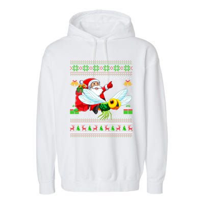 Ugly Xmas Funny Santa Riding Dragonfly Christmas Gift Garment-Dyed Fleece Hoodie