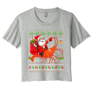 Ugly Xmas Funny Santa Riding Shrimp Fish Christmas Cute Gift Women's Crop Top Tee