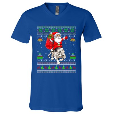 Ugly Xmas Funny Santa Riding White Tiger Christmas Gift V-Neck T-Shirt