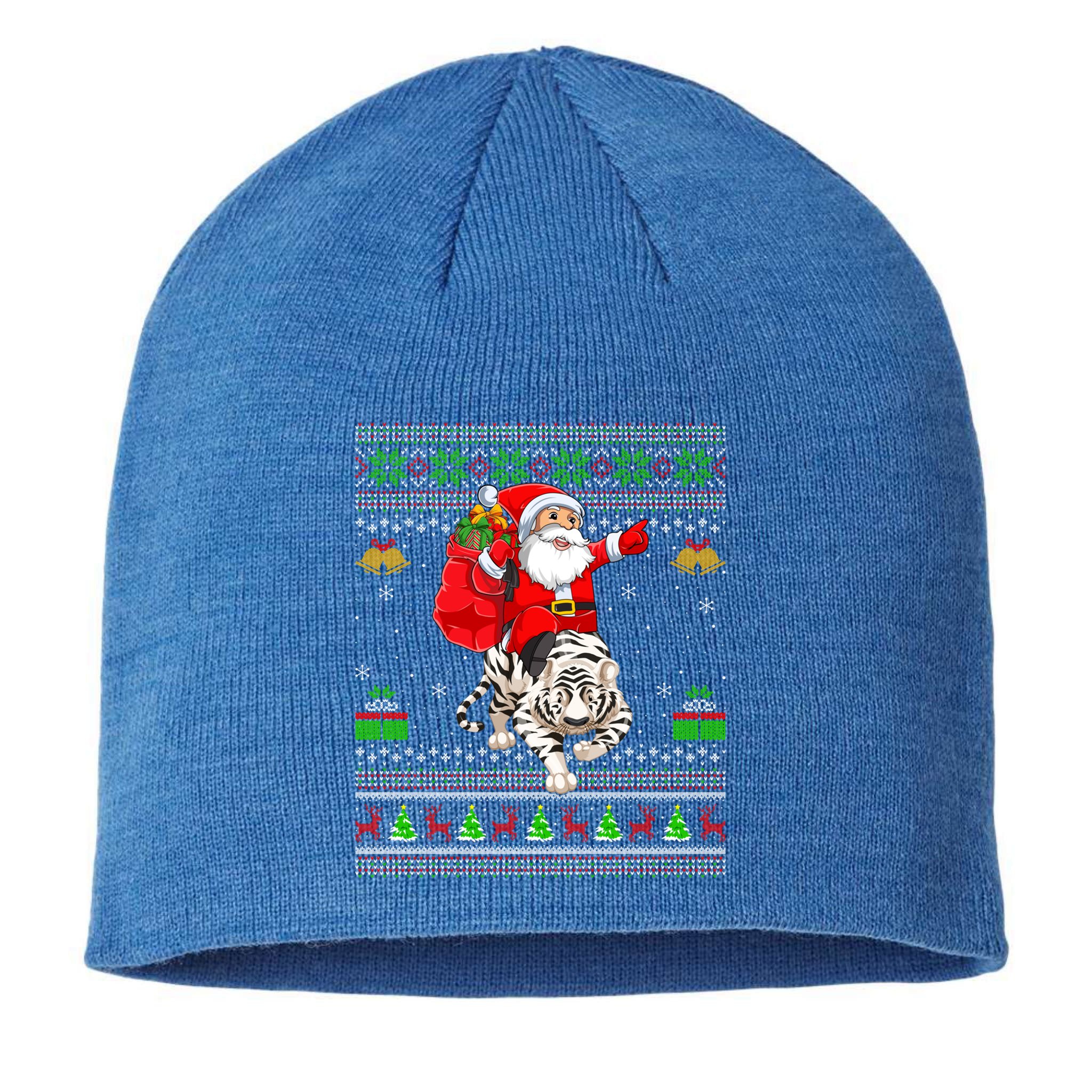 Ugly Xmas Funny Santa Riding White Tiger Christmas Gift Sustainable Beanie