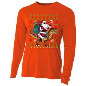 Ugly Xmas Lights Funny Santa Riding Trex Dinosaur Christmas Cute Gift Cooling Performance Long Sleeve Crew