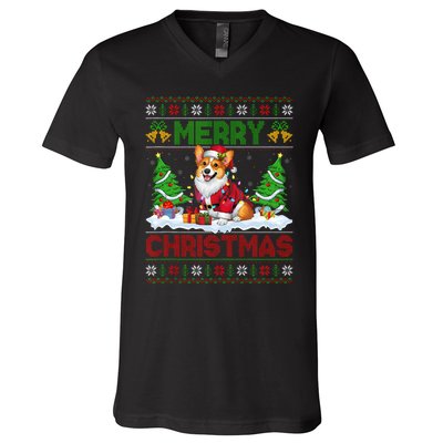 Ugly Xmas Lighting Santa Cardigan Welsh Corgi Dog Christmas Tank Top V-Neck T-Shirt