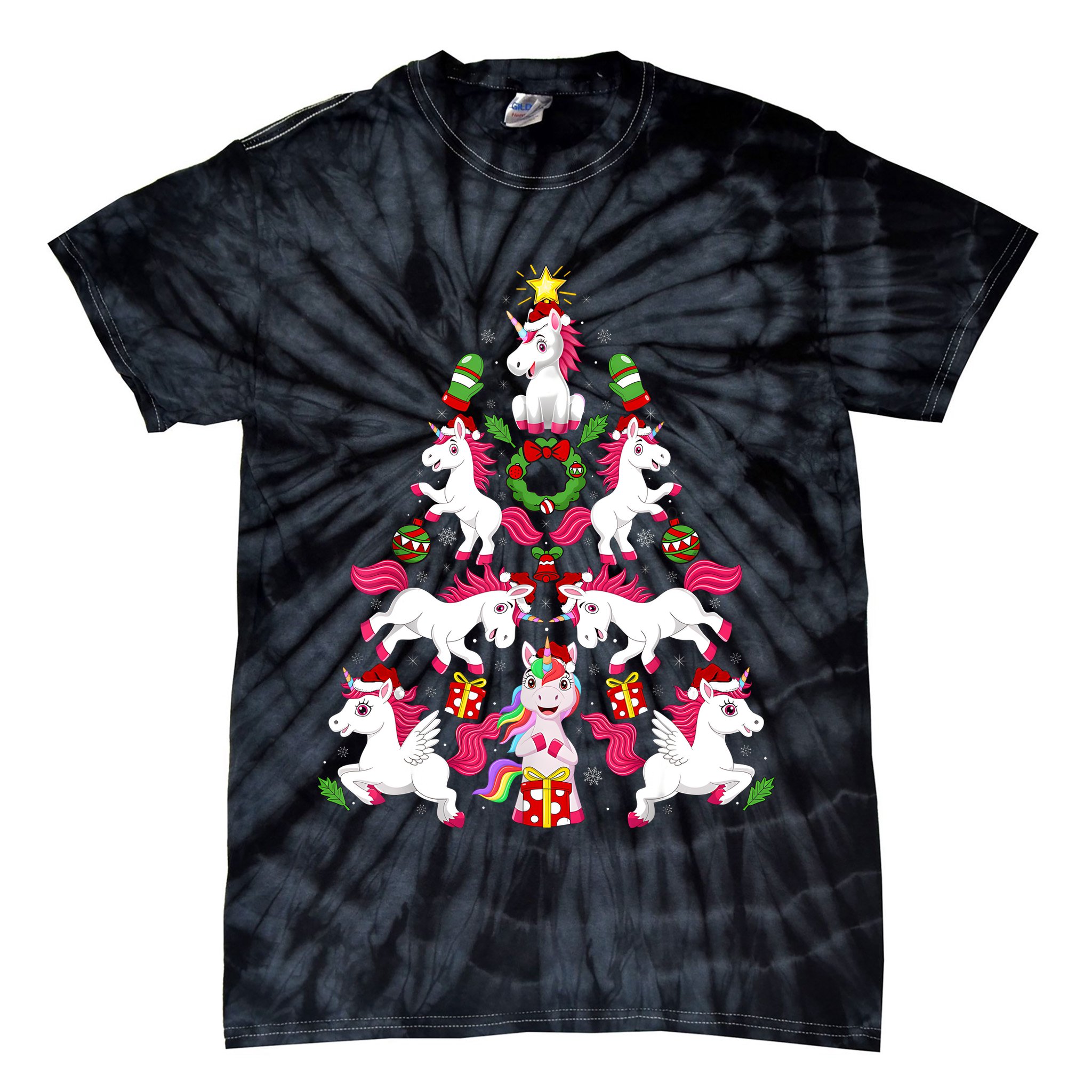 Unicorn Xmas Lighting Tree Unicorn Christmas Tie-Dye T-Shirt