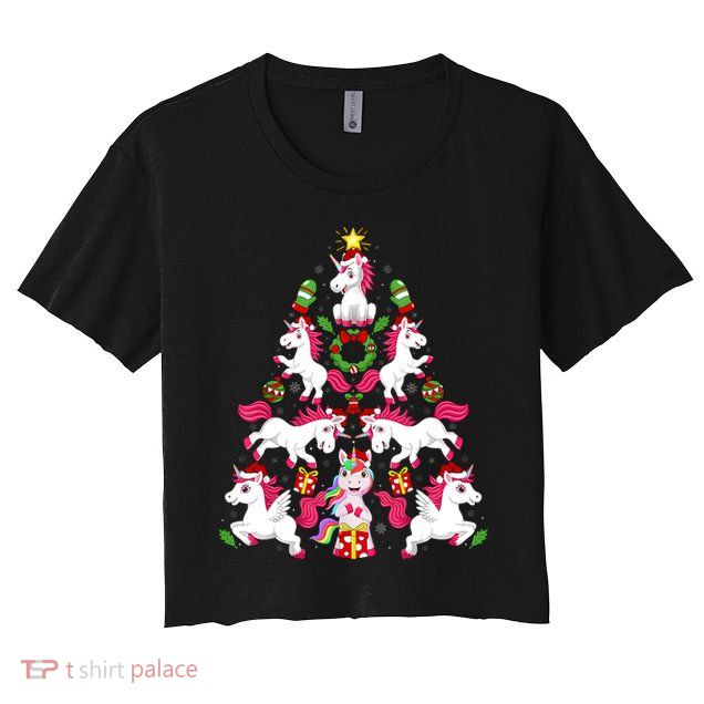 Unicorn Xmas Lighting Tree Unicorn Christmas Crop Top