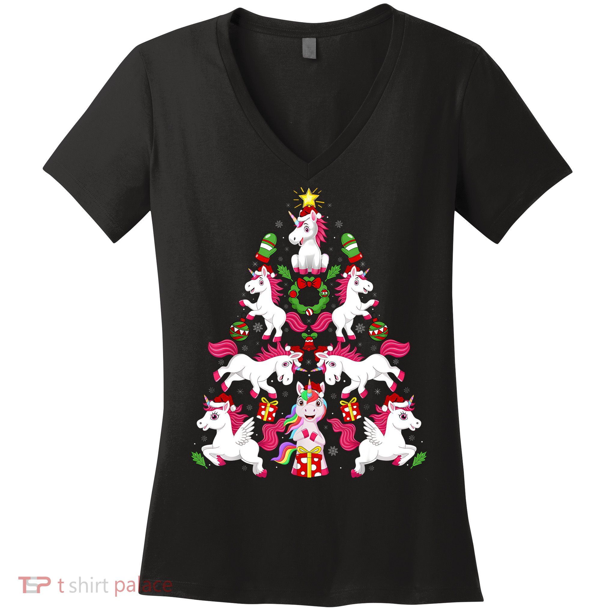 Unicorn Xmas Lighting Tree Unicorn Christmas Women's V-Neck T-Shirt