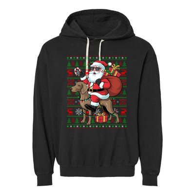 Ugly Xmas Lights Funny Santa Riding Ridgeback Dog Christmas Garment-Dyed Fleece Hoodie