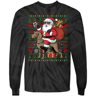 Ugly Xmas Lights Funny Santa Riding Ridgeback Dog Christmas Tie-Dye Long Sleeve Shirt