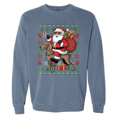 Ugly Xmas Lights Funny Santa Riding Ridgeback Dog Christmas Garment-Dyed Sweatshirt