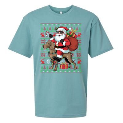 Ugly Xmas Lights Funny Santa Riding Ridgeback Dog Christmas Sueded Cloud Jersey T-Shirt