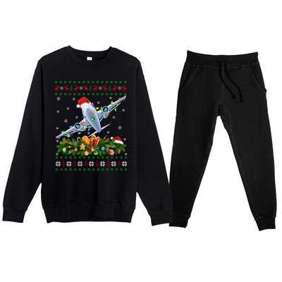 Ugly Xmas Lights Santa Hat Airplane Christmas Gift Premium Crewneck Sweatsuit Set