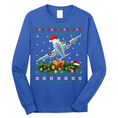 Ugly Xmas Lights Santa Hat Airplane Christmas Gift Long Sleeve Shirt