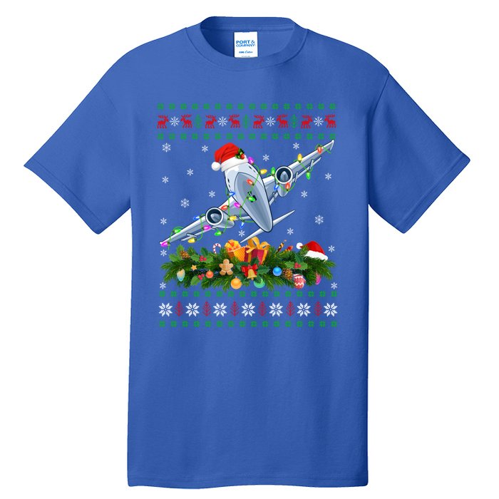 Ugly Xmas Lights Santa Hat Airplane Christmas Gift Tall T-Shirt