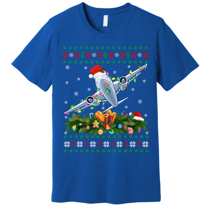 Ugly Xmas Lights Santa Hat Airplane Christmas Gift Premium T-Shirt