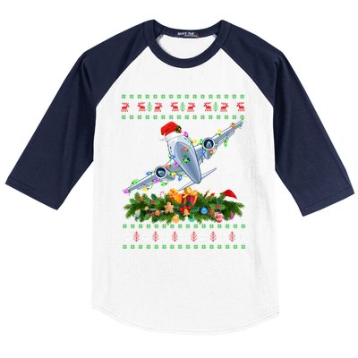 Ugly Xmas Lights Santa Hat Airplane Christmas Gift Baseball Sleeve Shirt