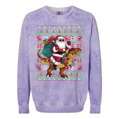 Ugly Xmas Lights Funny Santa Riding Trex Dinosaur Christmas Colorblast Crewneck Sweatshirt