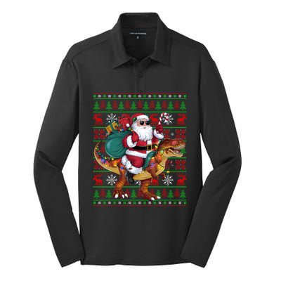 Ugly Xmas Lights Funny Santa Riding Trex Dinosaur Christmas Silk Touch Performance Long Sleeve Polo