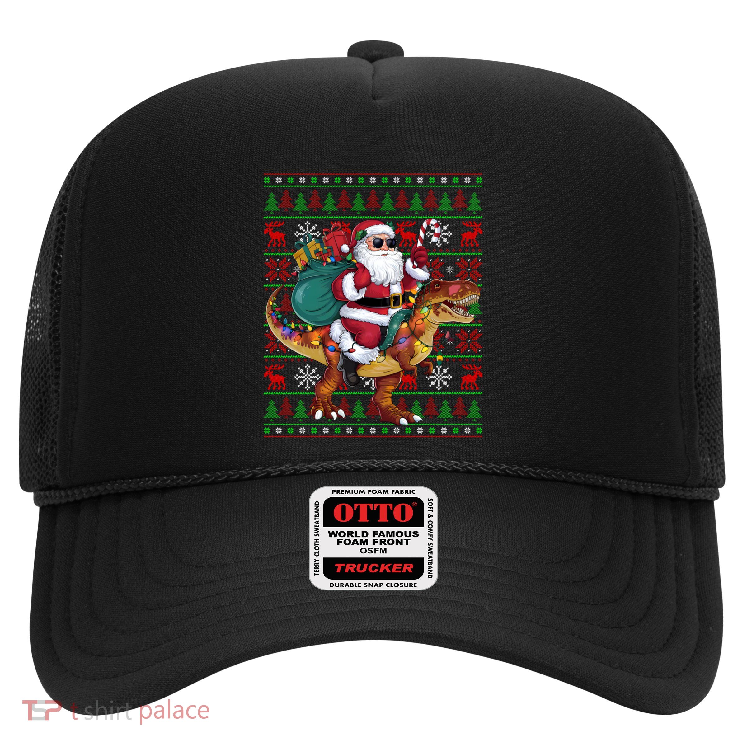 Ugly Xmas Lights Funny Santa Riding Trex Dinosaur Christmas Trucker Hat