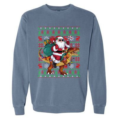 Ugly Xmas Lights Funny Santa Riding Trex Dinosaur Christmas Garment-Dyed Sweatshirt