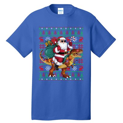 Ugly Xmas Lights Funny Santa Riding Trex Dinosaur Christmas Tall T-Shirt