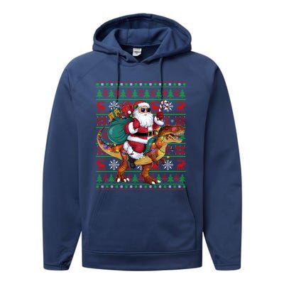 Ugly Xmas Lights Funny Santa Riding Trex Dinosaur Christmas Performance Fleece Hoodie