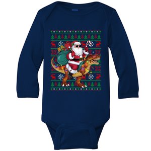 Ugly Xmas Lights Funny Santa Riding Trex Dinosaur Christmas Baby Long Sleeve Bodysuit