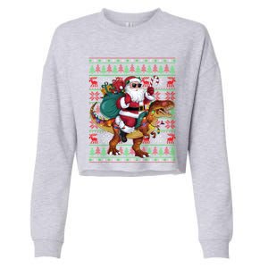 Ugly Xmas Lights Funny Santa Riding Trex Dinosaur Christmas Cropped Pullover Crew