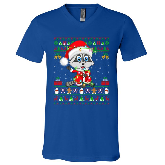 Ugly Xmas Lights Santa Costume Raccoon Christmas Cool Gift V-Neck T-Shirt