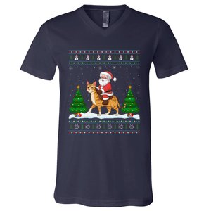 Ugly Xmas Lighting Tree Santa Riding Savannah Cat Christmas V-Neck T-Shirt