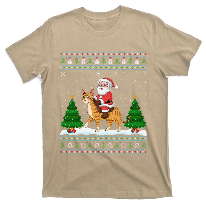 Ugly Xmas Lighting Tree Santa Riding Savannah Cat Christmas T-Shirt