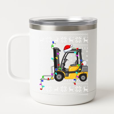 Ugly Xmas Lights Santa Hat Forklift Christmas Cool Gift 12 oz Stainless Steel Tumbler Cup