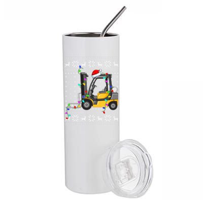 Ugly Xmas Lights Santa Hat Forklift Christmas Cool Gift Stainless Steel Tumbler