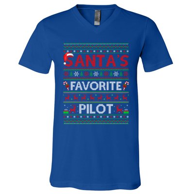 Ugly Xmas Lighting Santa's Favorite Pilot Christmas Funny Gift V-Neck T-Shirt