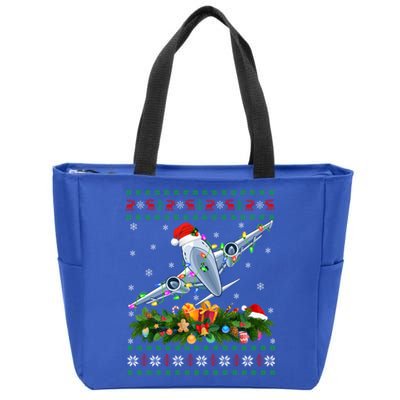 Ugly Xmas Lights Santa Hat Airplane Christmas Cool Gift Zip Tote Bag