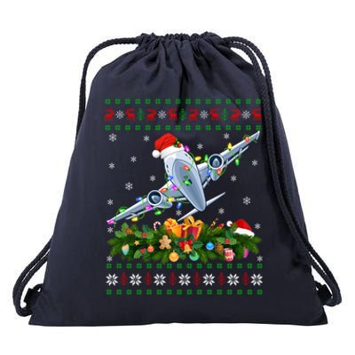 Ugly Xmas Lights Santa Hat Airplane Christmas Cool Gift Drawstring Bag