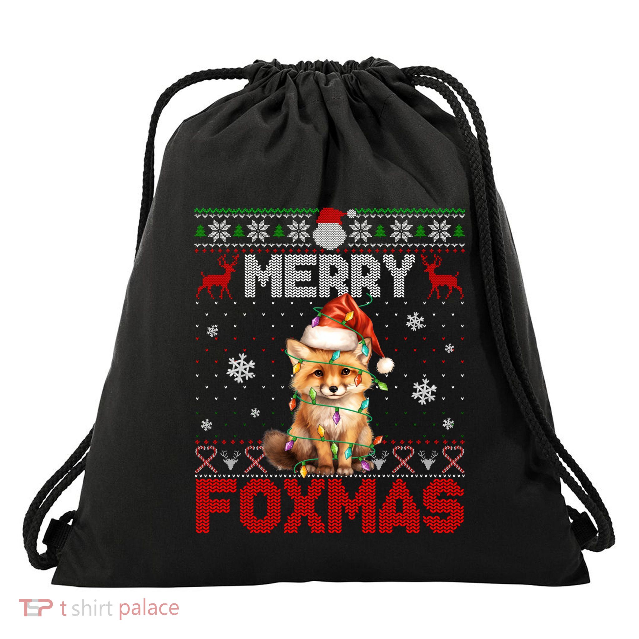 Ugly Xmas Merry Foxmas Santa Fox Lights Fox Lovers Drawstring Bag