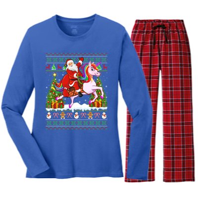 Unicorn Xmas Sweater Ugly Santa Riding Unicorn Christmas Gift Women's Long Sleeve Flannel Pajama Set 