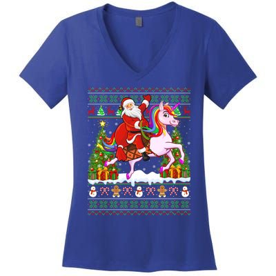 Unicorn Xmas Sweater Ugly Santa Riding Unicorn Christmas Gift Women's V-Neck T-Shirt